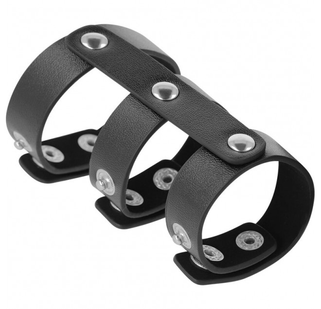 DARKNESS ADJUSTABLE LEATHER DOUBLE  PENIS AND TESTICLES RING