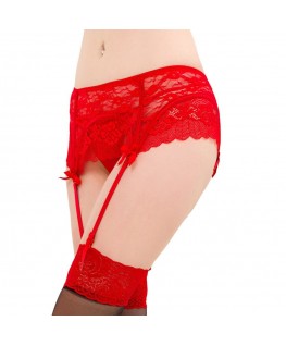 QUEEN LINGERIE THONG WITH LACE GARTER BELT - RED S/M