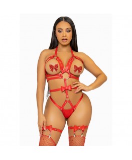 LEG AVENUE KINK STUDDED O-RING HARNESS TEDDY SIZE M - RED