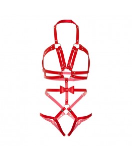 LEG AVENUE KINK STUDDED O-RING HARNESS TEDDY SIZE L - RED