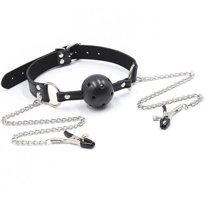 OHMAMA FETISH BALL GAG TRASPIRANTE CON MORSETTI PER CAPEZZOLI