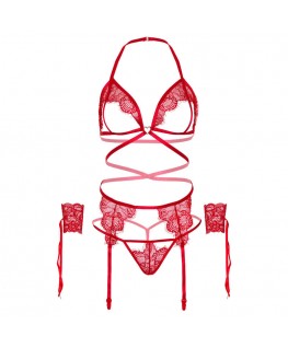 LEG AVENUE SET QUATTRO PEZZI REGGISENO, PERizoma, Reggicalze E POLSINI TAGLIA UNICA - ROSSO