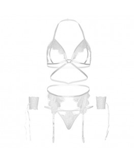 LEG AVENUE SET QUATTRO PEZZI REGGISENO, PERizoma, Reggicalze E POLSINI TAGLIA UNICA - BIANCO