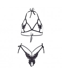 LEG AVENUE SET DUE PEZZI REGGISENO E PANTY OF BUTTERFLIES & PEARLS TAGLIA UNICA - NERO