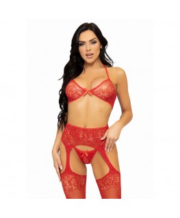 LEG AVENUE THREE PIECES SET BRA, STRING AND STOCKING ONE SIZE - RED