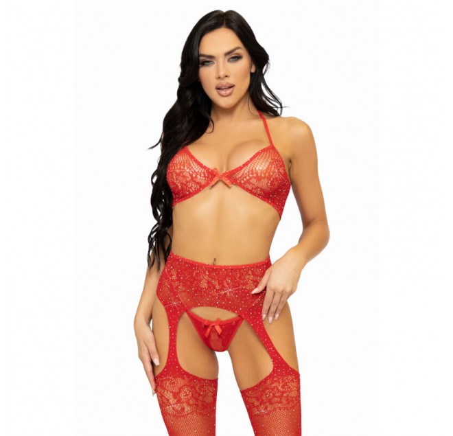 LEG AVENUE THREE PIECES SET BRA, STRING AND STOCKING ONE SIZE - RED