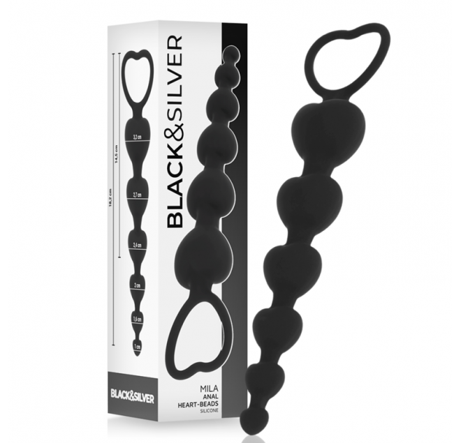 BLACK&SILVER - MILA SILICONE ANAL HEART-BEADS 18 CM