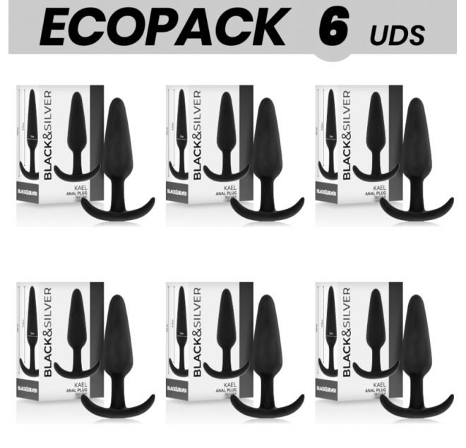 ECOPACK 6 UNITÀ - PLUG ANALE IN SILICONE KAEL BLACK&SILVER CON MANICO MEDIO
