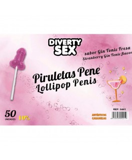 DIABLO GOLOSO - 50 LECCA-LECCA A FORMA DI PENE GIN TONIC GUSTO FRAGOLA 10% ALCOOL