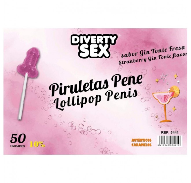 DIABLO GOLOSO - 50 LECCA-LECCA A FORMA DI PENE GIN TONIC GUSTO FRAGOLA 10% ALCOOL