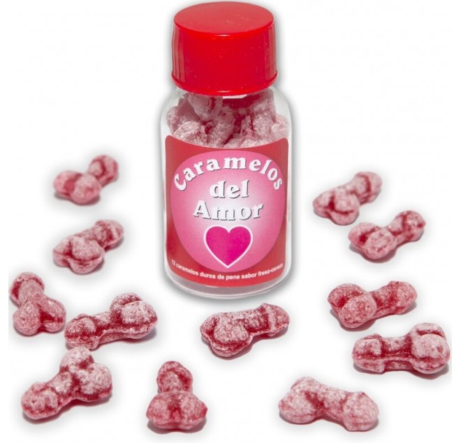 DIABLO PICANTE - 12 CARAMELLE DAMORE A FORMA DI PENE FRAGOLA/CILIEGIA