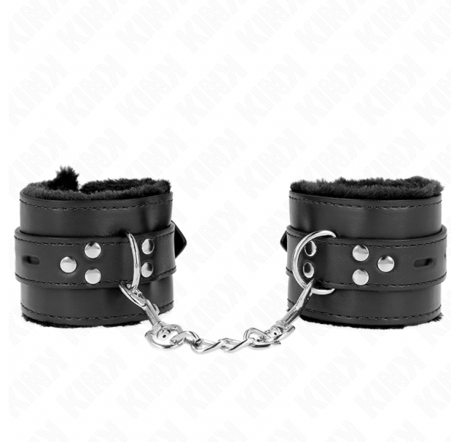 KINK - POLSINI IMBOTTITI IN PELLICCIA CON FORI QUADRI NERI E CINTURA NERA REGOLABILE 17-29 CM X 6 CM