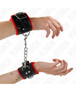 KINK - POLSINI IMBOTTITI IN PELLICCIA CON FORI QUADRI CINTURA ROSSA E NERA REGOLABILE 17-29 CM X 6 CM