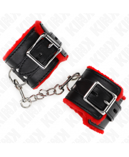 KINK - POLSINI IMBOTTITI IN PELLICCIA CON FORI QUADRI CINTURA ROSSA E NERA REGOLABILE 17-29 CM X 6 CM