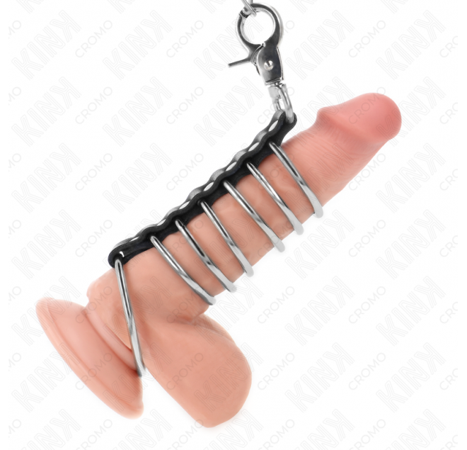 KINK - 7 ANELLI PER PENE IN METALLO DA 3,8 CM A 5 CM COLLEGATI CON PELLE E CATENA IN METALLO 100 CM