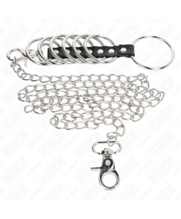 KINK - 7 ANELLI PER PENE IN METALLO DA 3,8 CM A 5 CM COLLEGATI CON PELLE E CATENA IN METALLO 100 CM