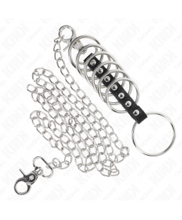 KINK - 7 ANELLI PER PENE IN METALLO DA 3,8 CM A 5 CM COLLEGATI CON PELLE E CATENA IN METALLO 100 CM