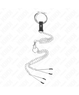 KINK - ANELLO PER PENE IN METALLO CROMATO TRIPLO DA 3 CM A 4,5 CM CON CATENA IN METALLO DA 26 CM E CLIP PER CAPEZZOLI