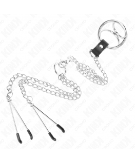 KINK - ANELLO PER PENE IN METALLO CROMATO TRIPLO DA 3 CM A 4,5 CM CON CATENA IN METALLO DA 26 CM E CLIP PER CAPEZZOLI
