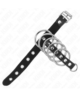 KINK - ANELLO PER PENE IN PELLE CON CINGHIA DI BLOCCAGGIO 21 X 2 CM E 5 ANELLI IN METALLO DA 3 CM A 4 CM