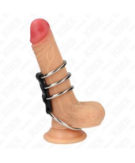 KINK - 4 ANELLI PER PENE IN METALLO DA 3,7 CM A 5 CM COLLEGATI DA PELLE