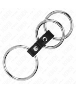 KINK - ANELLO PER PENE IN METALLO TRIPLO DA 3,7 CM A 5 CM COLLEGATO CON PELLE