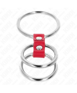 KINK - ANELLO PER PENE IN TRIPLO METALLO DA 3,7 CM A 5 CM COLLEGATO CON PELLE ROSSA