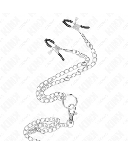 KINK - ANELLO PER PENE IN METALLO CROMATO TRIPLO DA 3,8 CM A 5 CM CON CATENA IN METALLO DA 26 CM E MORSETTI PER CAPEZZOLI MOD1