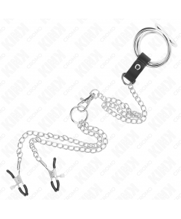 KINK - ANELLO PER PENE IN METALLO CROMATO TRIPLO DA 3,8 CM A 5 CM CON CATENA IN METALLO DA 26 CM E MORSETTI PER CAPEZZOLI MOD1