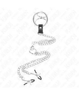 KINK - ANELLO PER PENE IN METALLO CROMATO TRIPLO DA 3 CM A 4,5 CM CON CATENA IN METALLO DA 26 CM E CLIP PER CAPEZZOLI