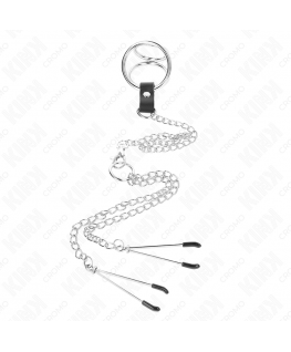 KINK - ANELLO PER PENE IN METALLO CROMATO TRIPLO DA 3,8 CM A 5 CM, CATENA IN METALLO DA 26 CM E MORSETTI PER CAPEZZOLI MOD. 2