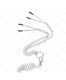 KINK - ANELLO PER PENE IN METALLO CROMATO TRIPLO DA 3,8 CM A 5 CM, CATENA IN METALLO DA 26 CM E MORSETTI PER CAPEZZOLI MOD. 2