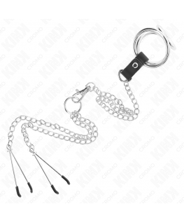 KINK - ANELLO PER PENE IN METALLO CROMATO TRIPLO DA 3,8 CM A 5 CM, CATENA IN METALLO DA 26 CM E MORSETTI PER CAPEZZOLI MOD. 2
