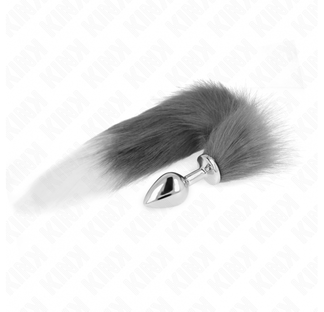 KINK - PLUG ANALE MISURA M 8 X 3,5 CM CON CODA SINTETICA 40 CM GRIGIO E BIANCO