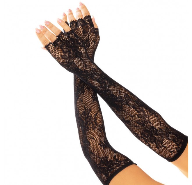 LEG AVENUE - GUANTI SENZA DITA IN RETE FLOREALE NERO