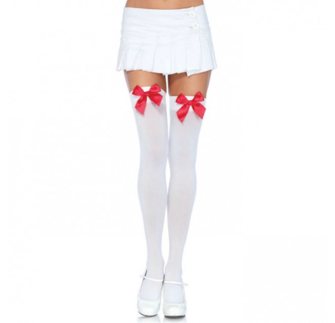 LEG AVENUE NYLON THIGH HIGHS WITH BOW WHITE / RED