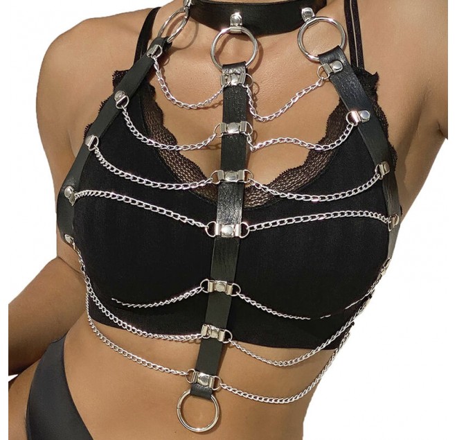 SUBBLIME - PETTORALE CATENE IN PELLE NERA TAGLIA UNICA