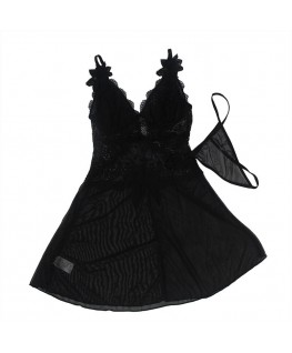 SUBBLIME - BABYDOLL TULLE CON DETTAGLI PIZZO E FIORI NERO L/XL