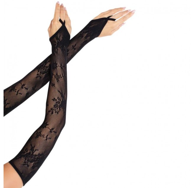 LEG AVENUE - GUANTI SCALDA MANICOTTI IN PIZZO FLOREALE EXTRA LUNGHI NERI