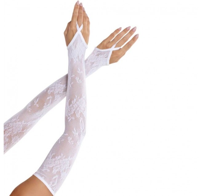 LEG AVENUE - GUANTI SCALDA MANICOTTI IN PIZZO FLOREALE EXTRA LUNGHI BIANCHI