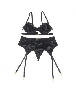 SUBBLIME - SET 3 PEZZI REGGISENO + PERIZOMA + REGGISENO IN PIZZO NERO S/M