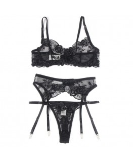 SUBBLIME - SET 3 PEZZI REGGISENO + PERIZOMA + GIARRETTIERA STAMPA FLOREALE NERO S/M