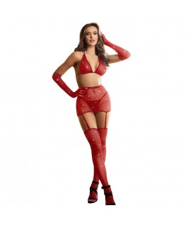 SUBBLIME - 952181 BODYSTOCKING A RETE CON GUANTI E STRASS ROSSO TAGLIA UNICA