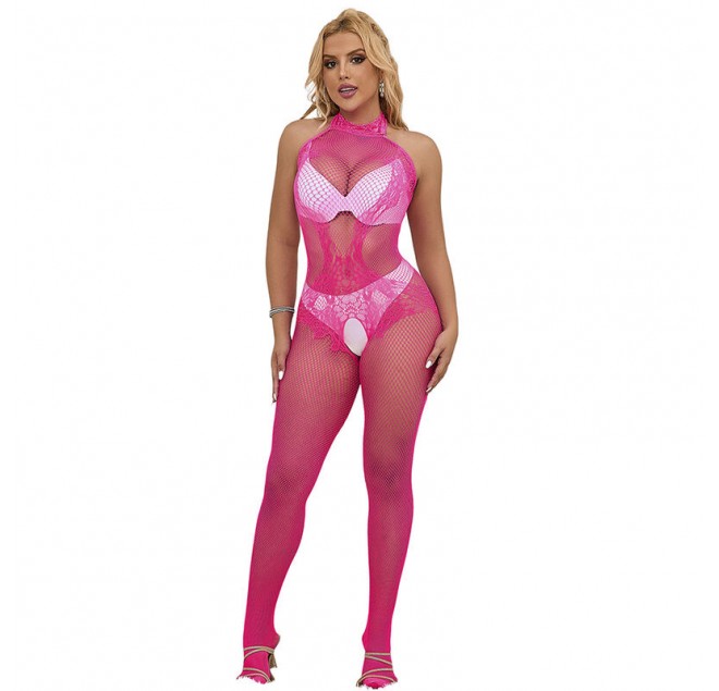 SUBBLIME - 952389 BODYSTOCKING A RETE E PIZZO SENZA CAVALLO CON COLLO ALTO ROSA TAGLIA UNICA