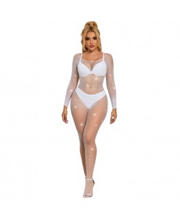 SUBBLIME - 952396 BODYSTOCKING A RETE CON STRASS MANICA LUNGA BIANCO TAGLIA UNICA