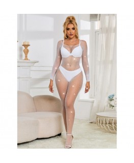 SUBBLIME - 952396 BODYSTOCKING A RETE CON STRASS MANICA LUNGA BIANCO TAGLIA UNICA
