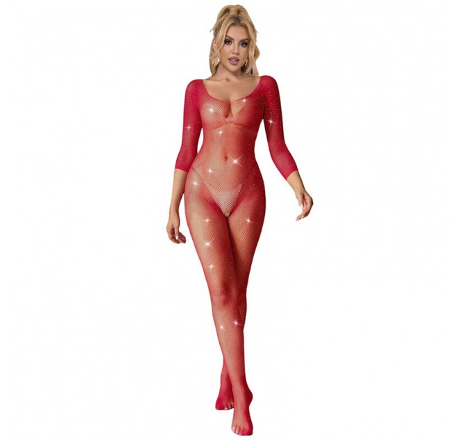SUBBLIME - 952419 BODYSTOCKING A RETE CON STRASS MANICA LUNGA ROSSO XS/M
