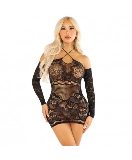 LEG AVENUE - ABITO MINI IN RETE A MANICHE LUNGHE E SPALLE SCOPERTE NERO