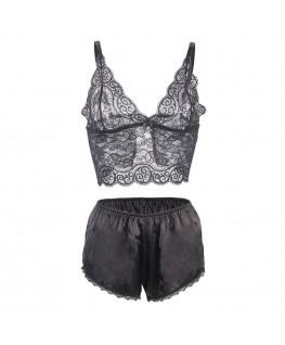 SUBBLIME - 953911 CAMICIA DA NOTTE IN SETA E PIZZO + SLIP NERO S/M