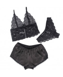 SUBBLIME - 953928 CAMICIA DA NOTTE IN SETA E PIZZO + SLIP NERO L/XL